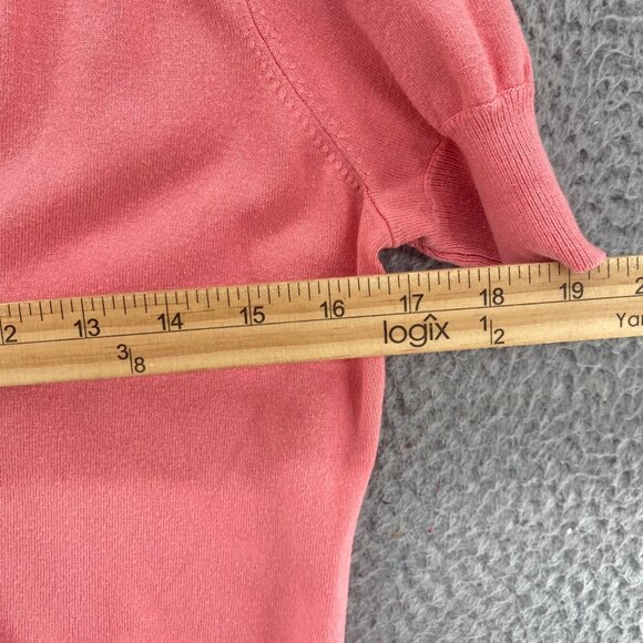 LOFT Sweater Womens Medium Pink Rose Detail Cardigan Short Puff Sleeve Button Up - Picture 8 of 9